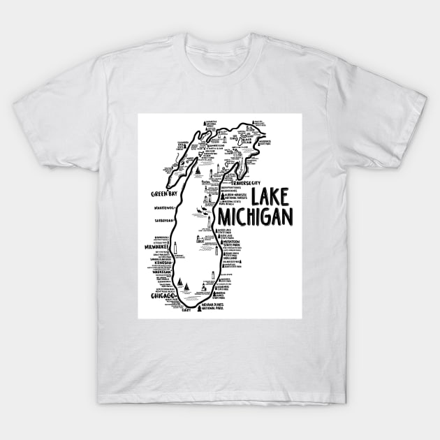 Lake Michigan Map T-Shirt by fiberandgloss